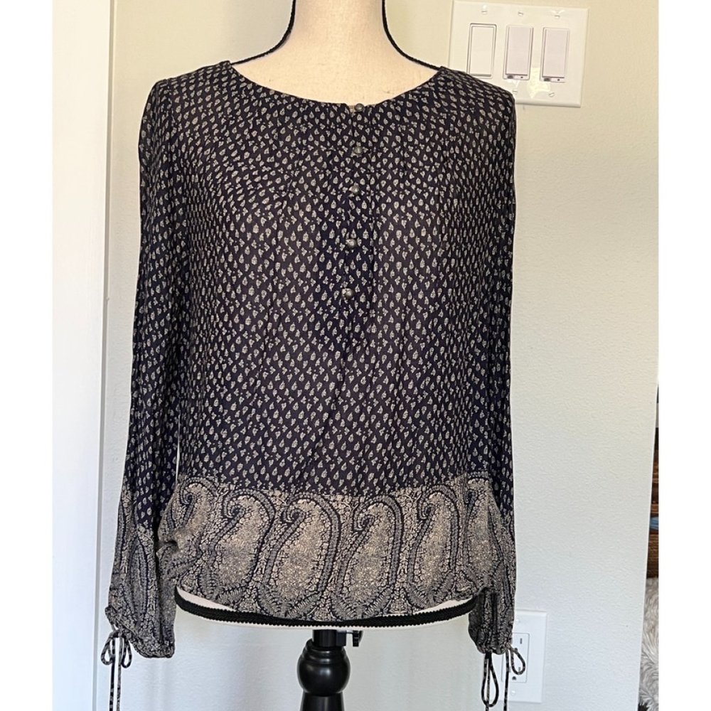 LUCKY BRAND Navy Print Button down Peasant Top